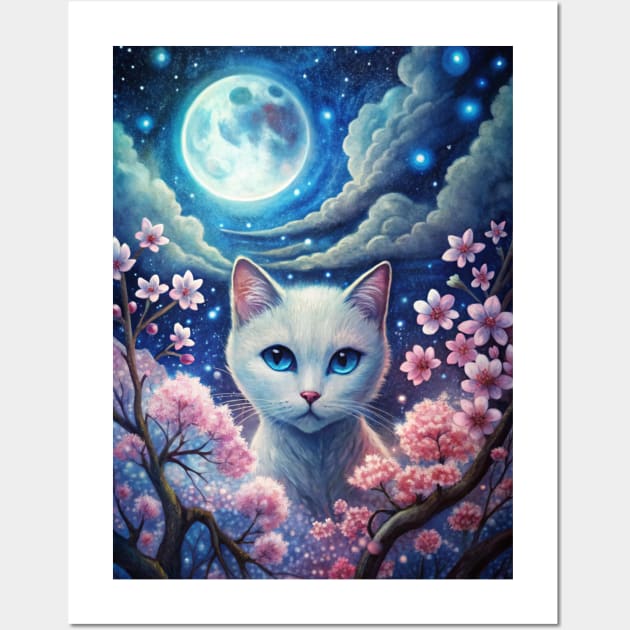 Moonlight Cherry Blossom Japanese White Cat Wall Art by Art-Jiyuu